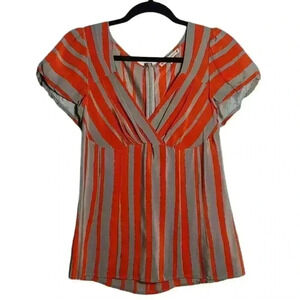 Nanette Lepore Grey/Orange Striped 100% Silk Short Sleeve Top Size 8